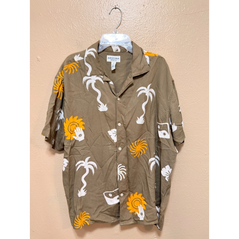 Arizona Jean Co Mens M Short Sleeve Button Up Shirt Tropical Palm Trees Hawaiian
